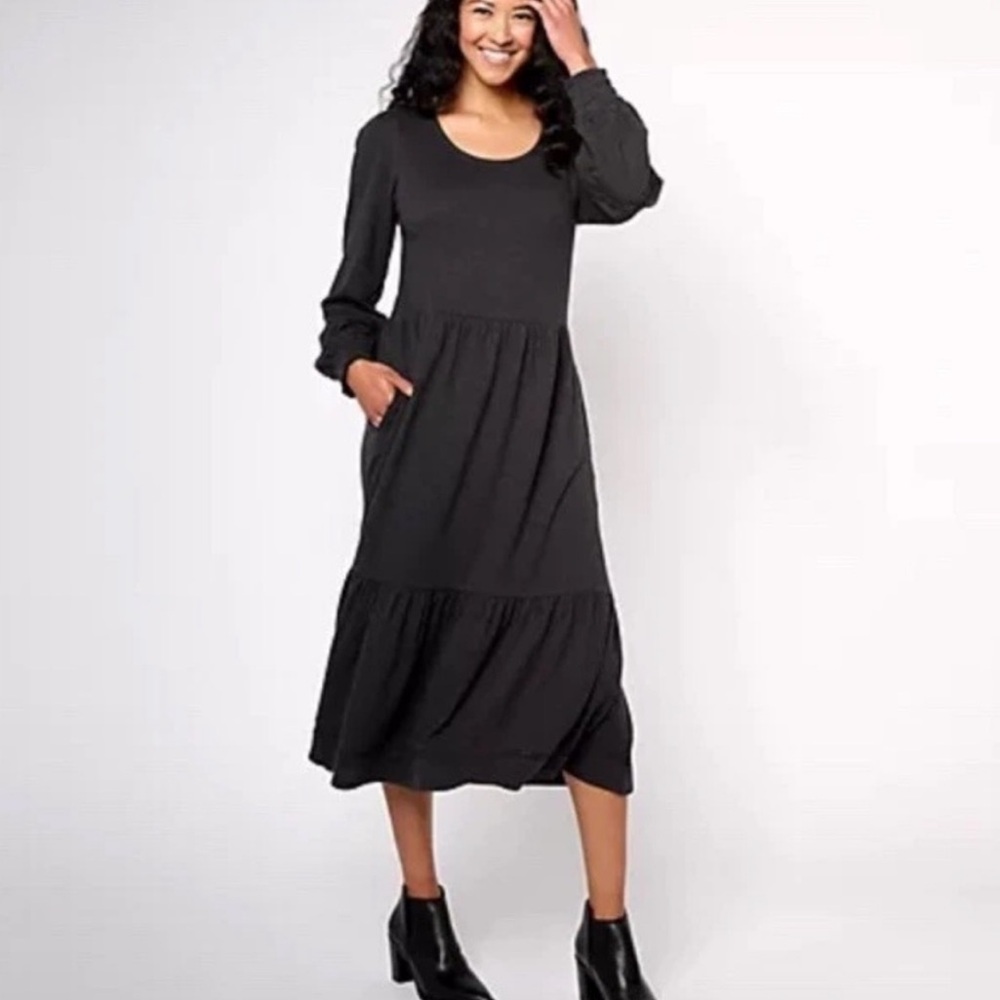 Canyon Retreat Tiered Midi Dress Black Long Sleeve Boho Cottagecore XL NWT